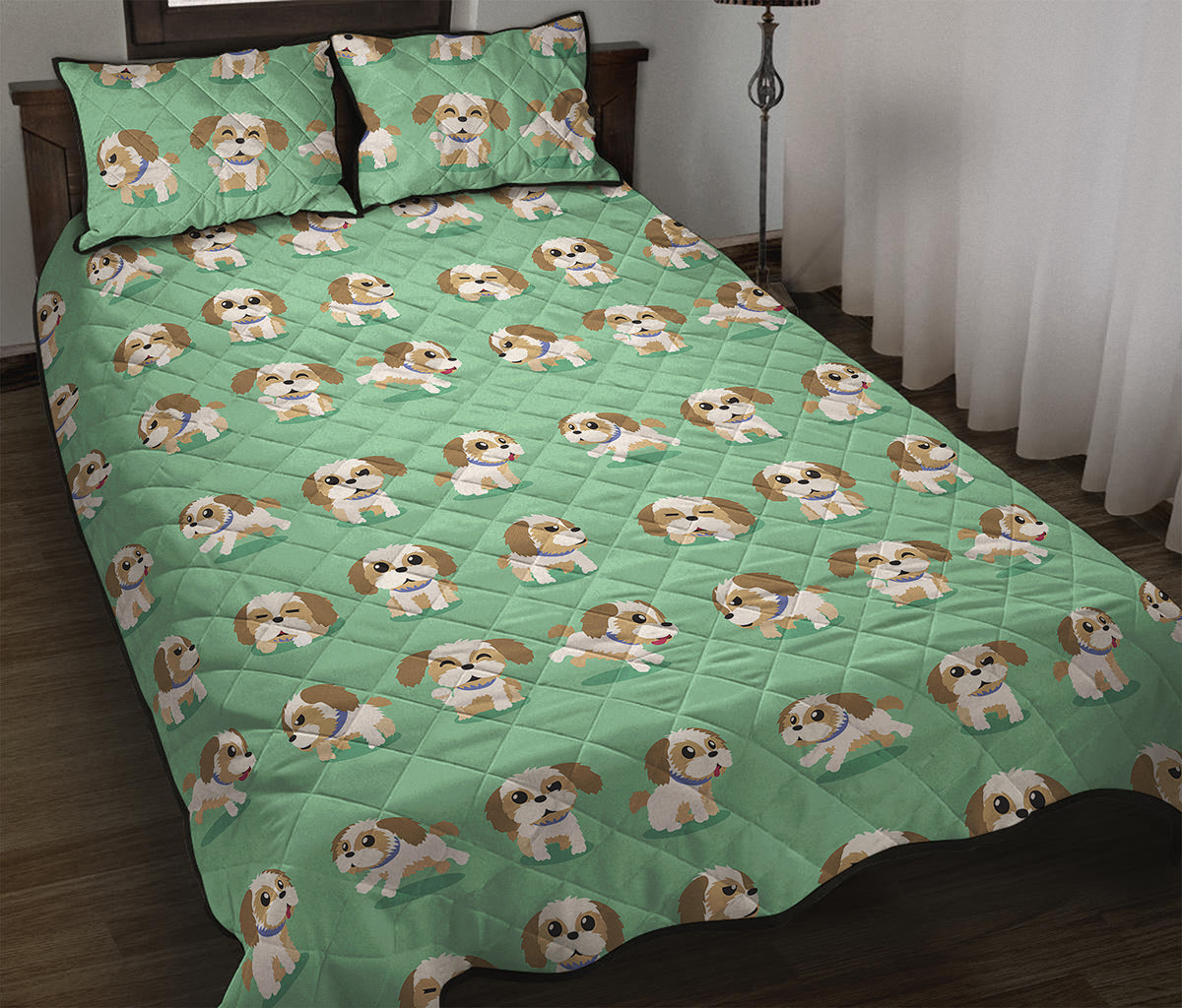 Cartoon Shih Tzu Pattern Print Quilt Bed Set