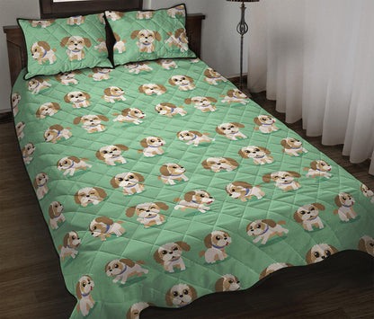 Cartoon Shih Tzu Pattern Print Quilt Bed Set