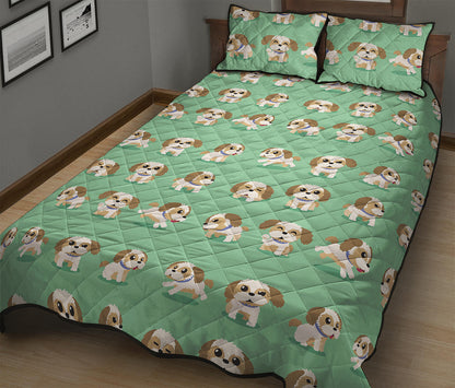 Cartoon Shih Tzu Pattern Print Quilt Bed Set