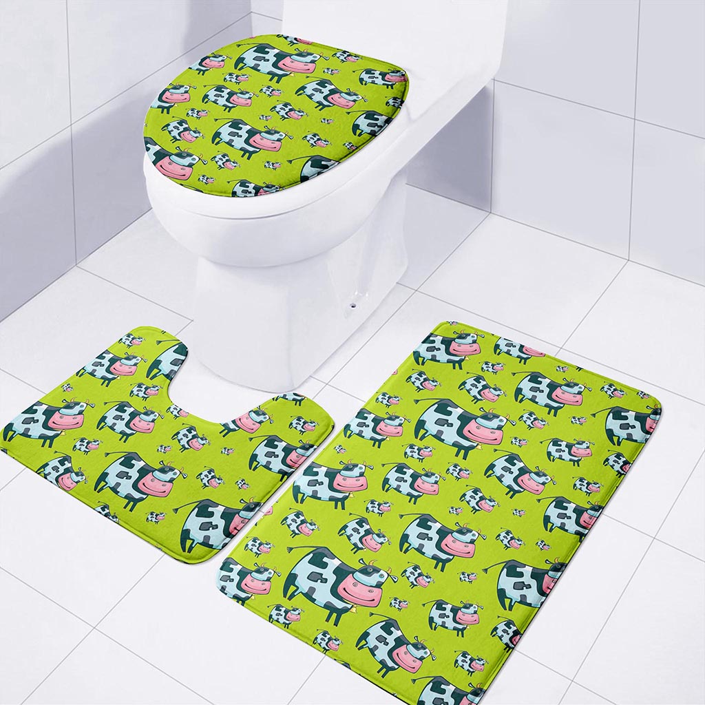 Cartoon Smiley Cow Pattern Print 3 Piece Bath Mat Set