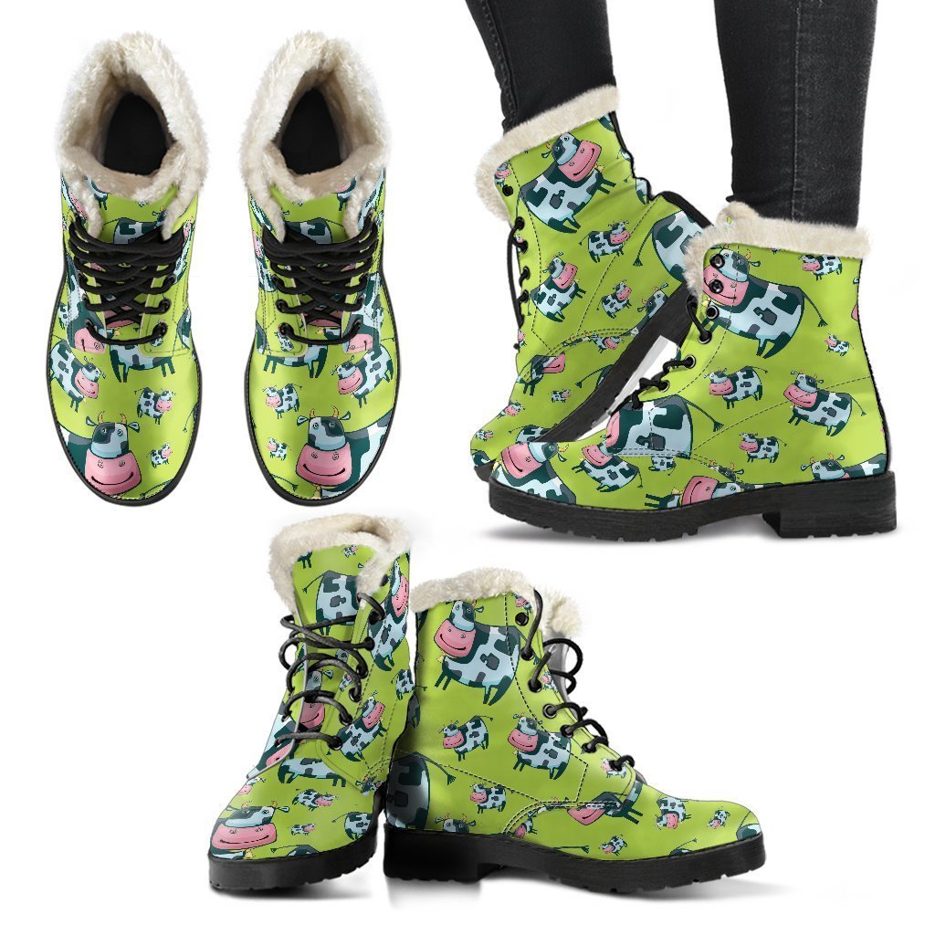Cartoon Smiley Cow Pattern Print Comfy Boots GearFrost