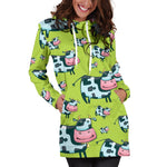 Cartoon Smiley Cow Pattern Print Hoodie Dress GearFrost