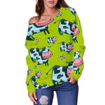 Cartoon Smiley Cow Pattern Print Off Shoulder Sweatshirt GearFrost