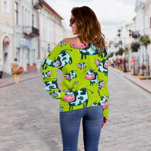 Cartoon Smiley Cow Pattern Print Off Shoulder Sweatshirt GearFrost