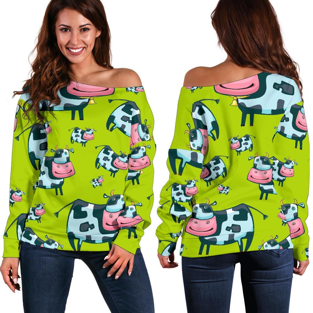 Cartoon Smiley Cow Pattern Print Off Shoulder Sweatshirt GearFrost