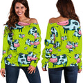 Cartoon Smiley Cow Pattern Print Off The Shoulder Sweatshirt