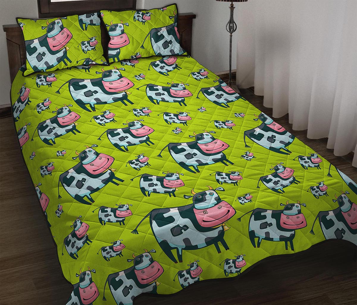 Cartoon Smiley Cow Pattern Print Quilt Bed Set