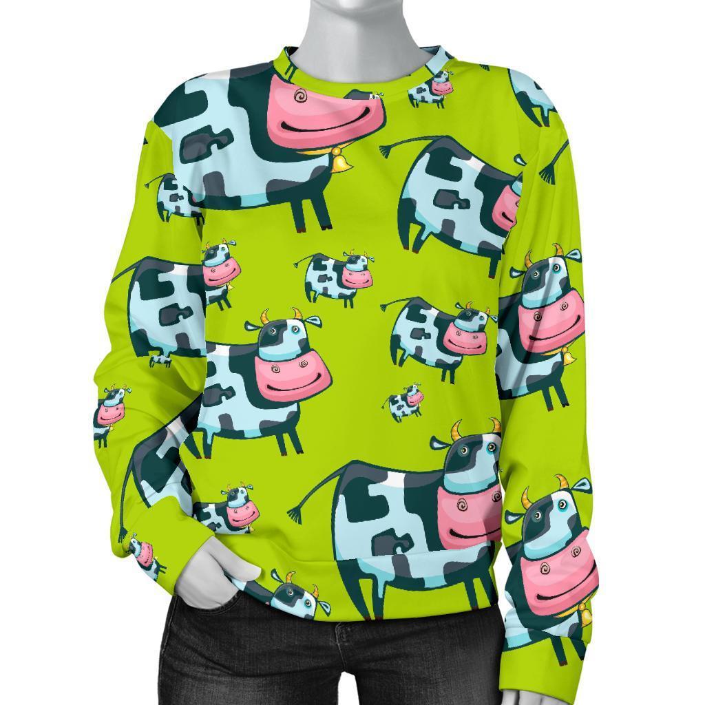 Cartoon Smiley Cow Pattern Print Women's Crewneck Sweatshirt GearFrost