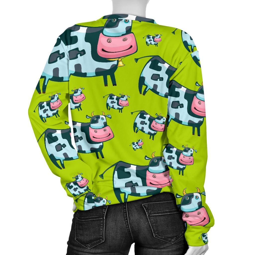 Cartoon Smiley Cow Pattern Print Women's Crewneck Sweatshirt GearFrost