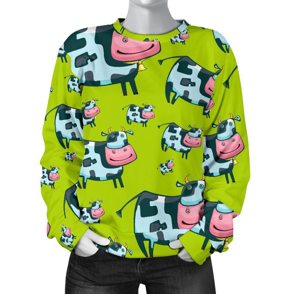 Cartoon Smiley Cow Pattern Print Women's Crewneck Sweatshirt GearFrost