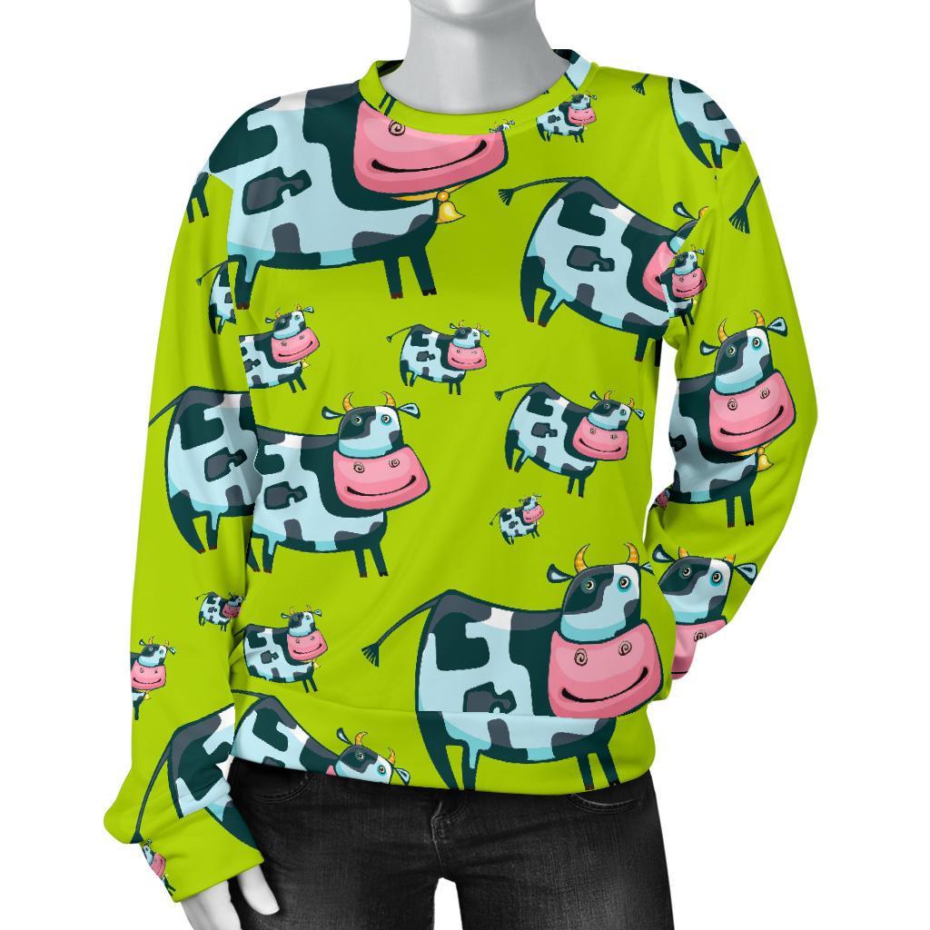 Cartoon Smiley Cow Pattern Print Women's Crewneck Sweatshirt GearFrost