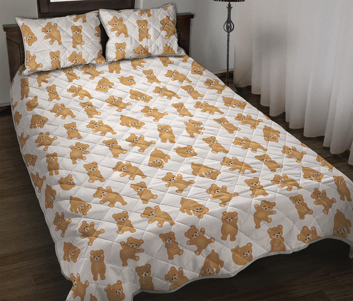 Cartoon Teddy Bear Pattern Print Quilt Bed Set