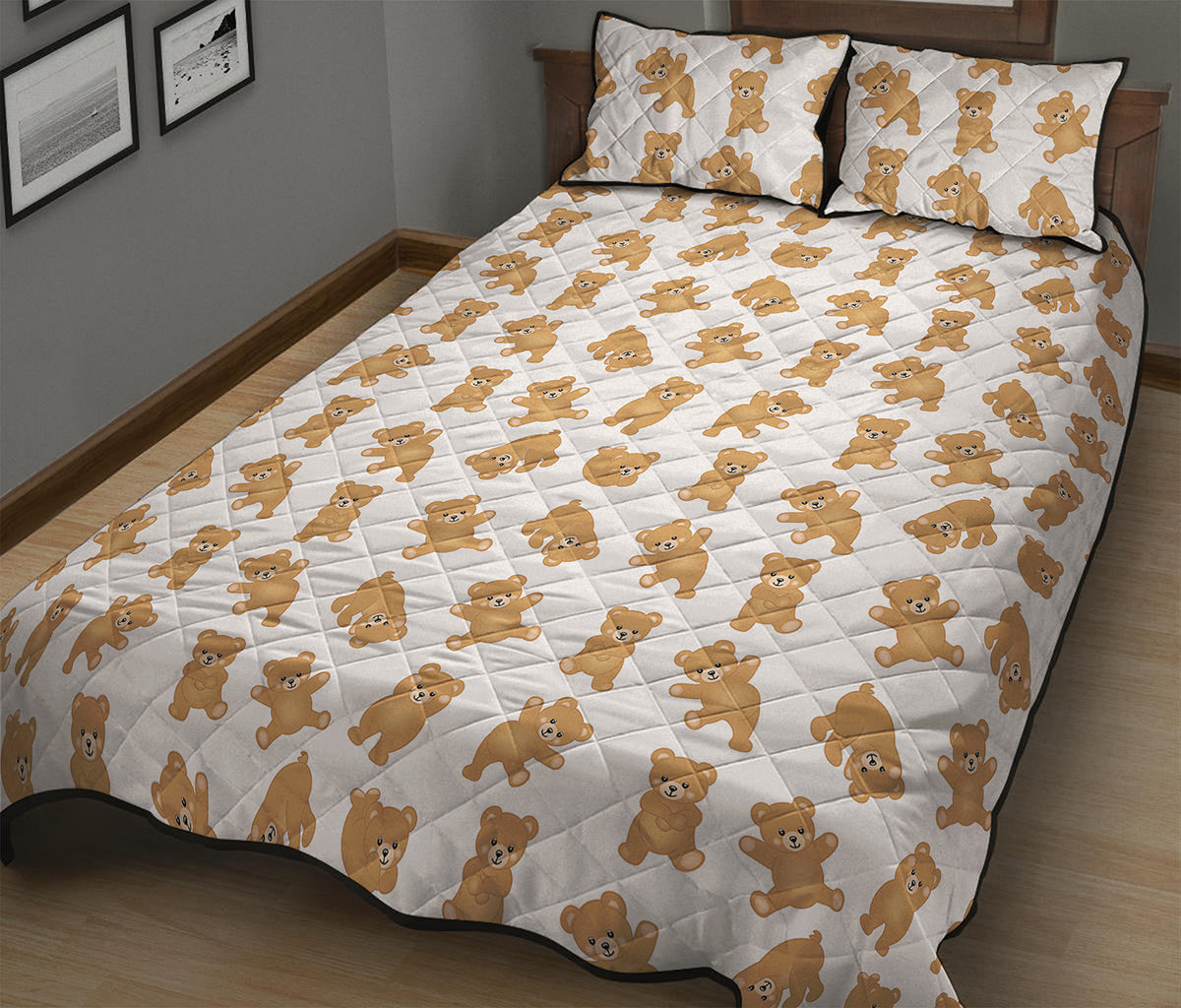 Cartoon Teddy Bear Pattern Print Quilt Bed Set
