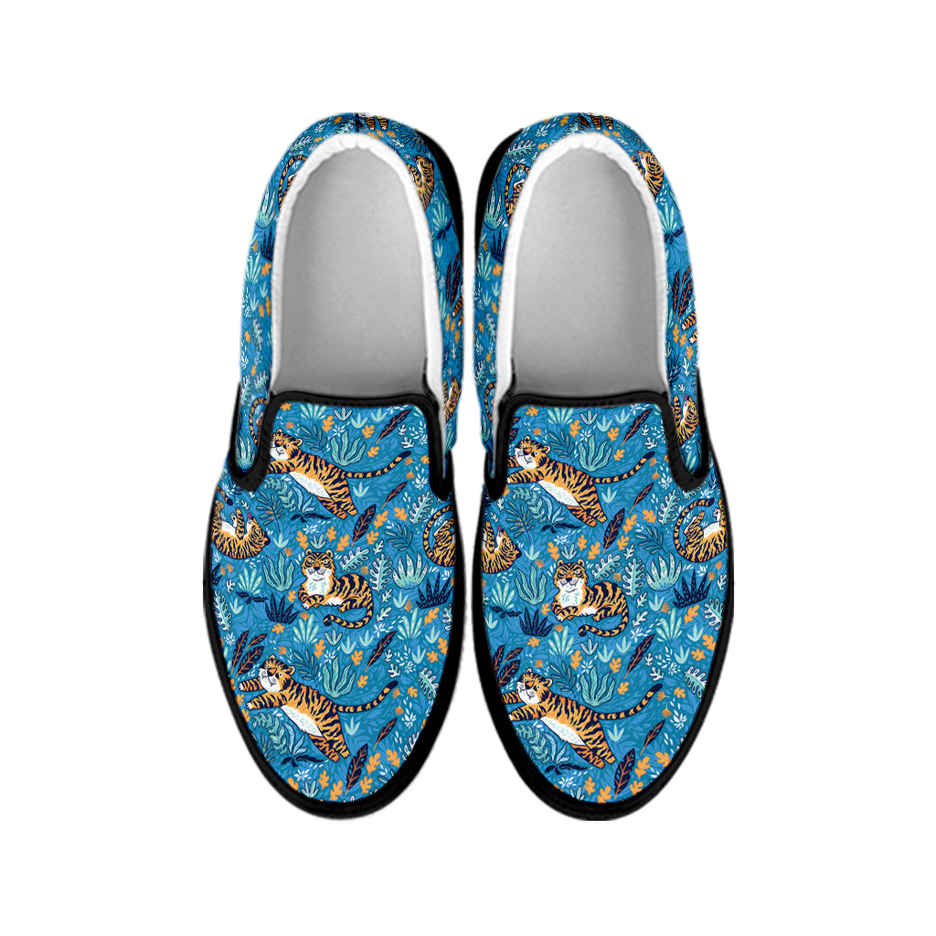 Cartoon Tiger Pattern Print Black Slip On Shoes