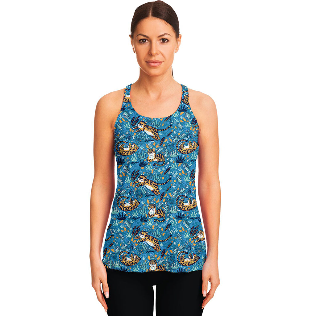Cartoon Tiger Pattern Print Women's Racerback Tank Top