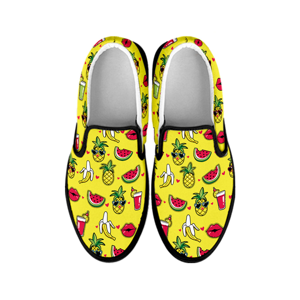 Cartoon Tropical Pattern Print Black Slip On Shoes