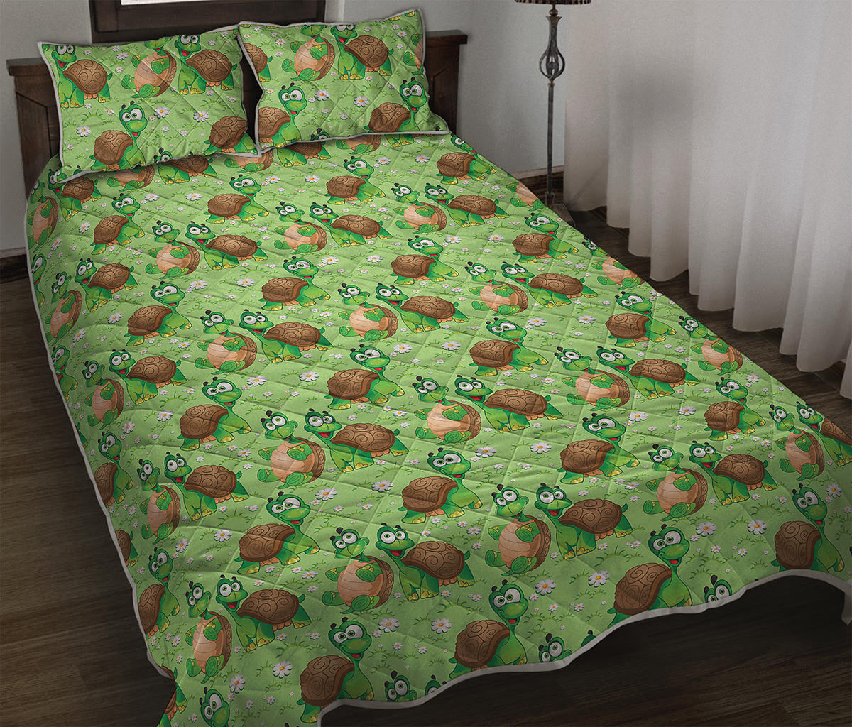 Cartoon Turtle Pattern Print Quilt Bed Set