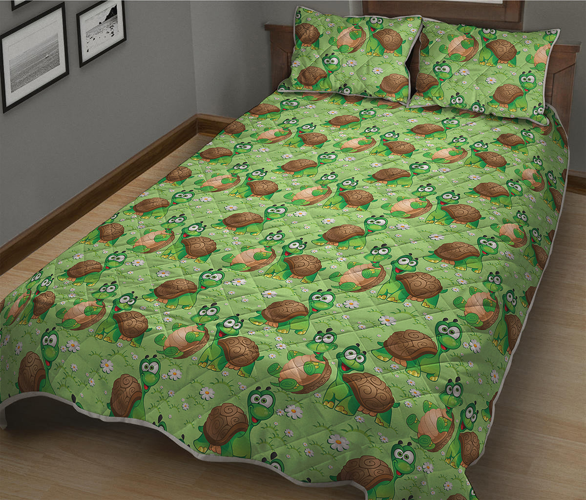 Cartoon Turtle Pattern Print Quilt Bed Set