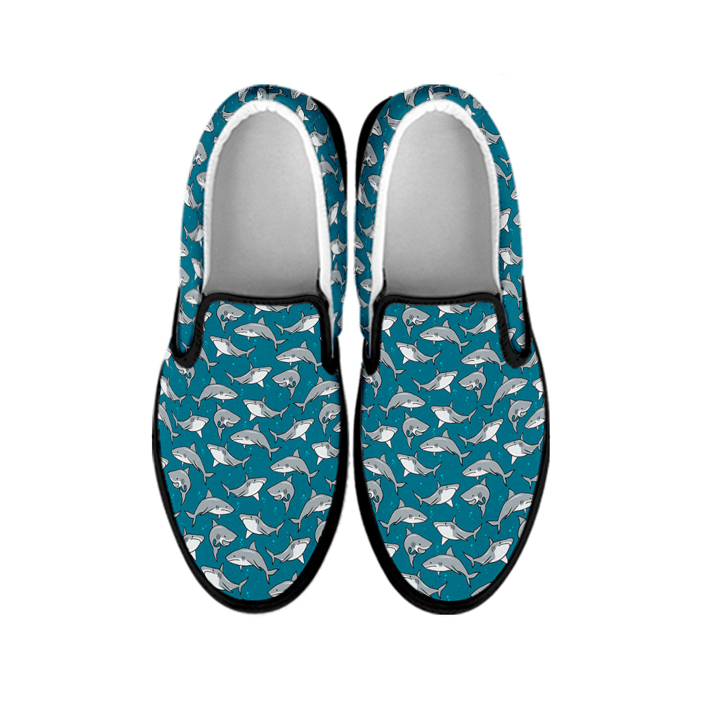 Cartoon White Shark Pattern Print Black Slip On Shoes