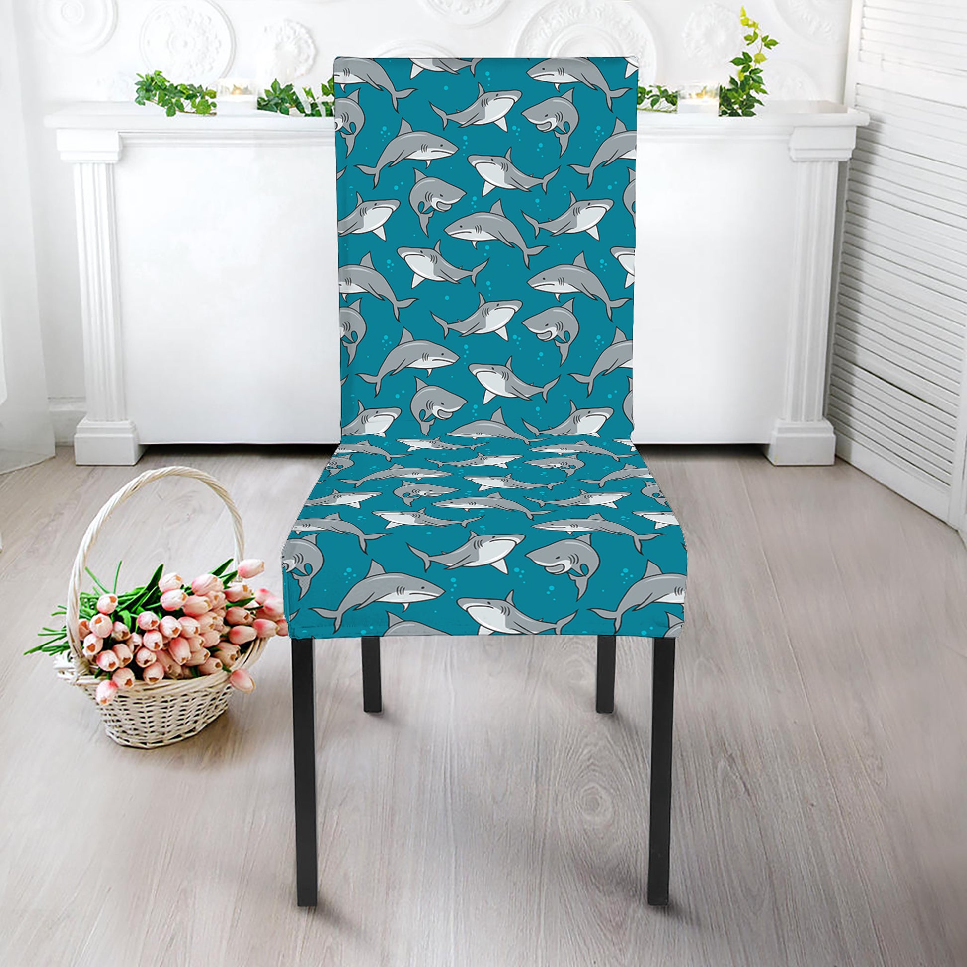 Cartoon White Shark Pattern Print Dining Chair Slipcover
