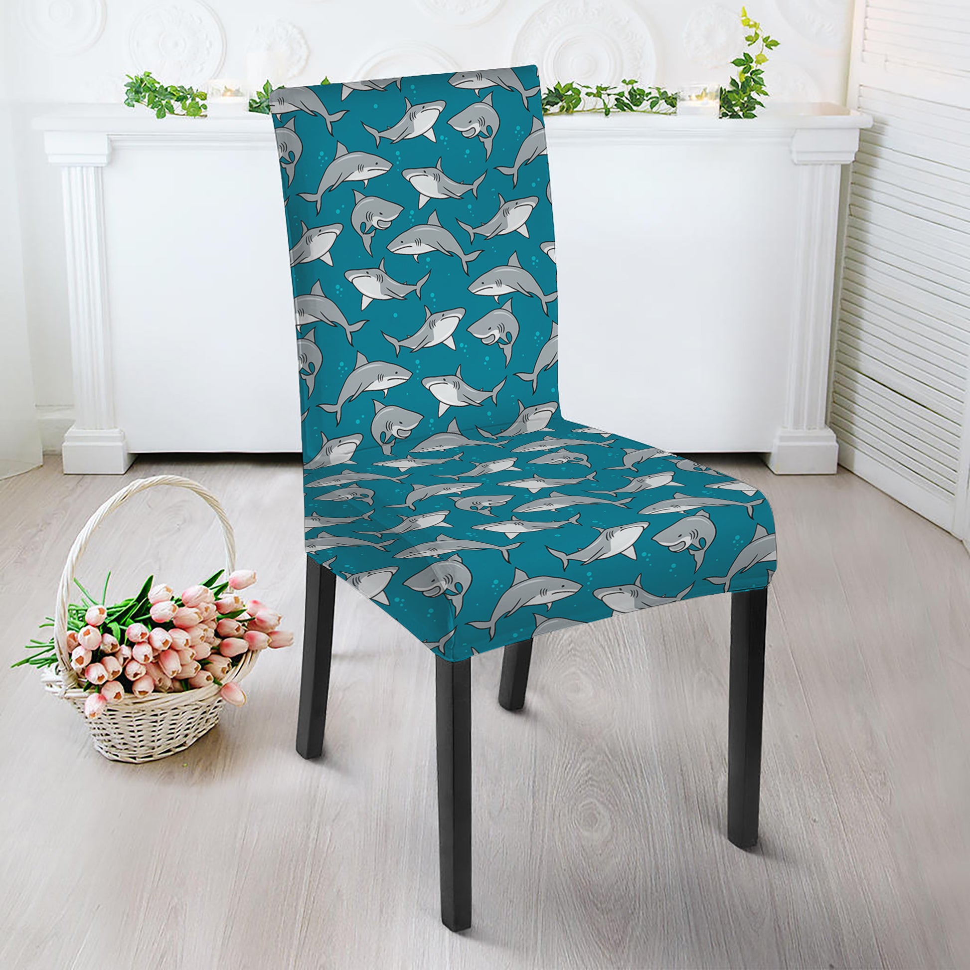 Cartoon White Shark Pattern Print Dining Chair Slipcover