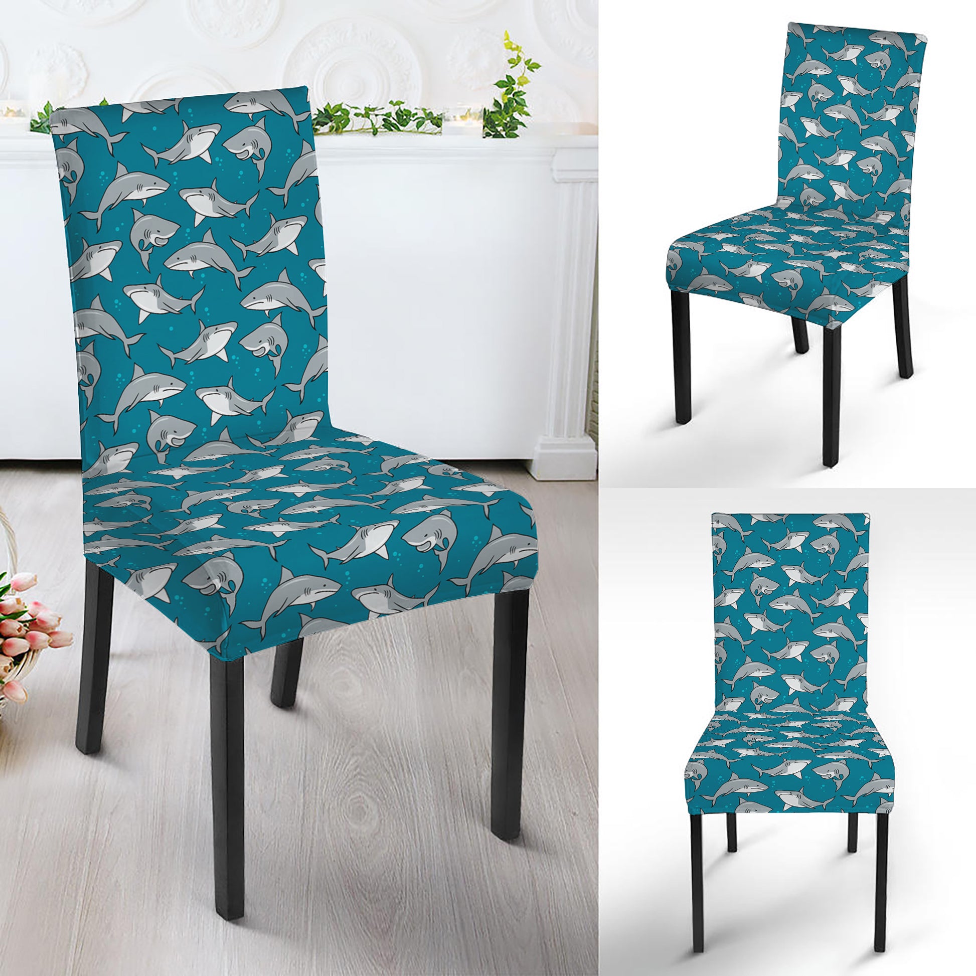 Cartoon White Shark Pattern Print Dining Chair Slipcover