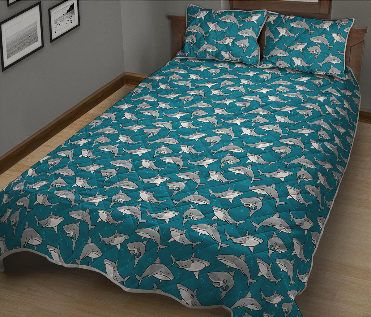 Cartoon White Shark Pattern Print Quilt Bed Set