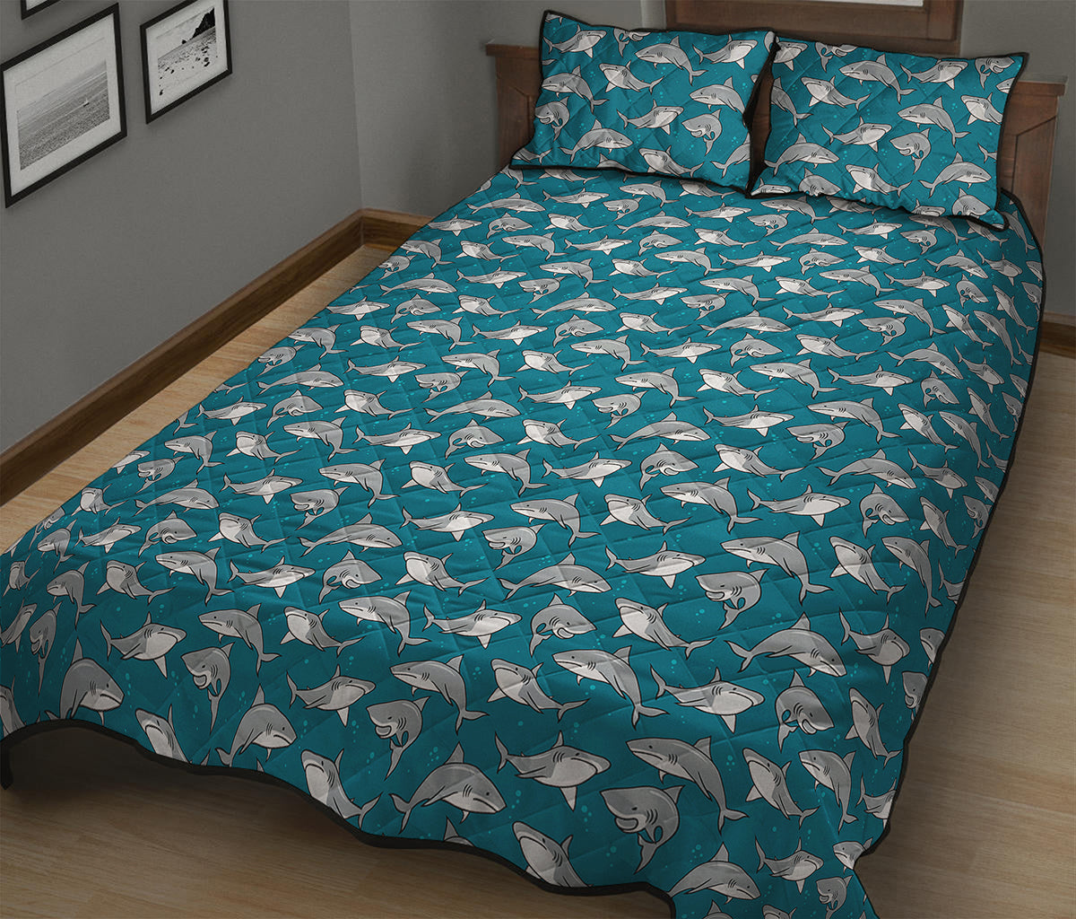 Cartoon White Shark Pattern Print Quilt Bed Set