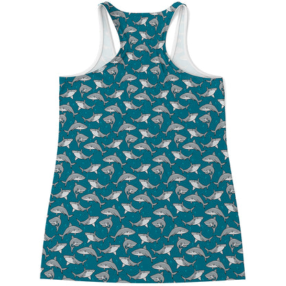 Cartoon White Shark Pattern Print Women's Racerback Tank Top