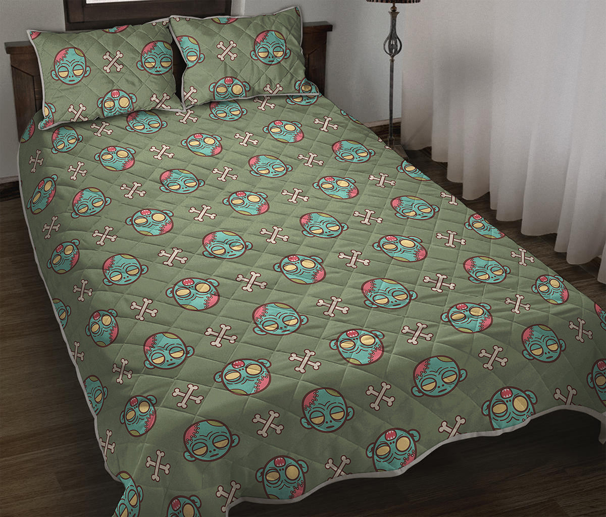 Cartoon Zombie Pattern Print Quilt Bed Set