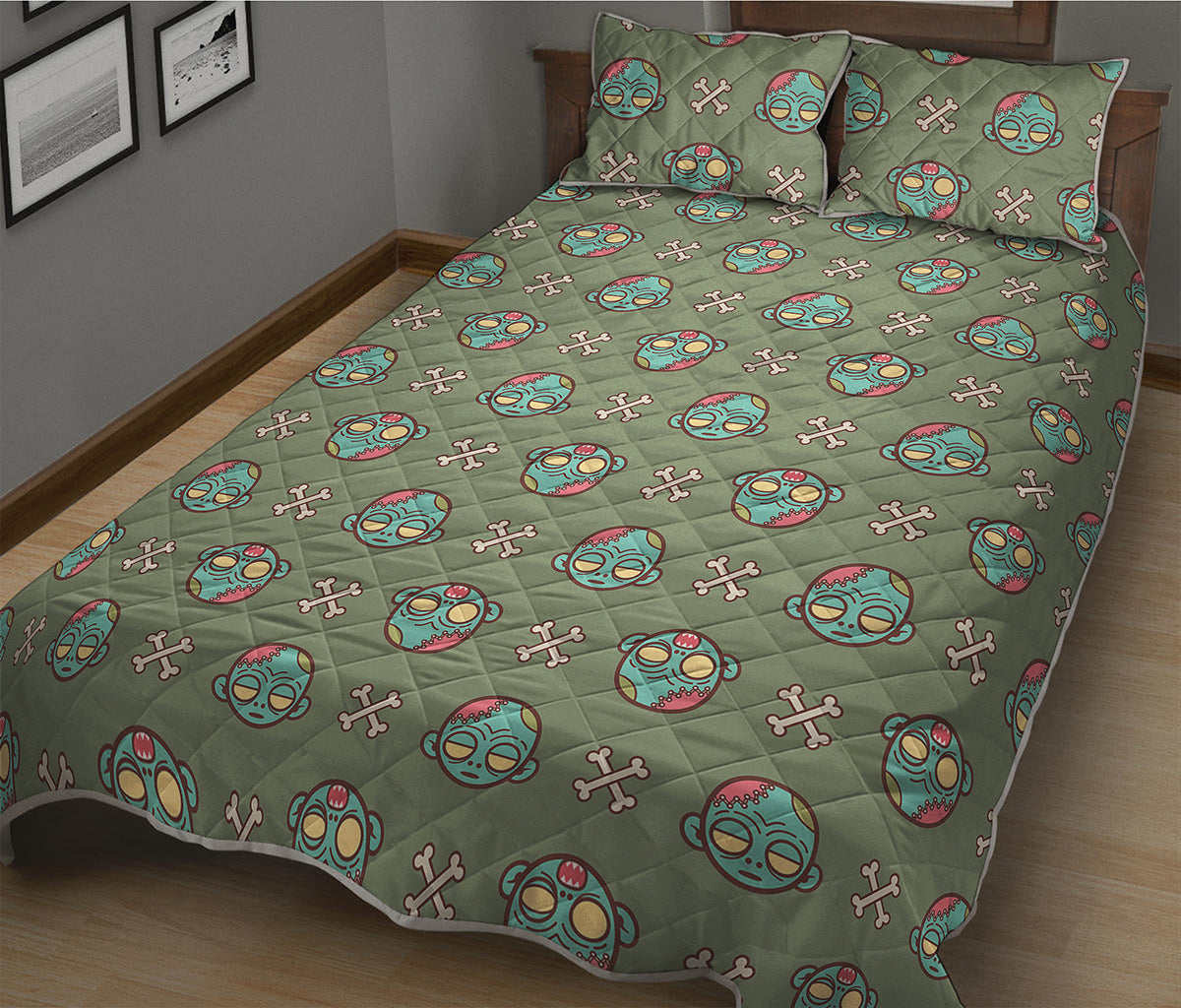 Cartoon Zombie Pattern Print Quilt Bed Set