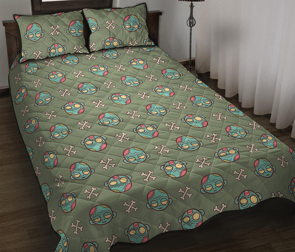 Cartoon Zombie Pattern Print Quilt Bed Set