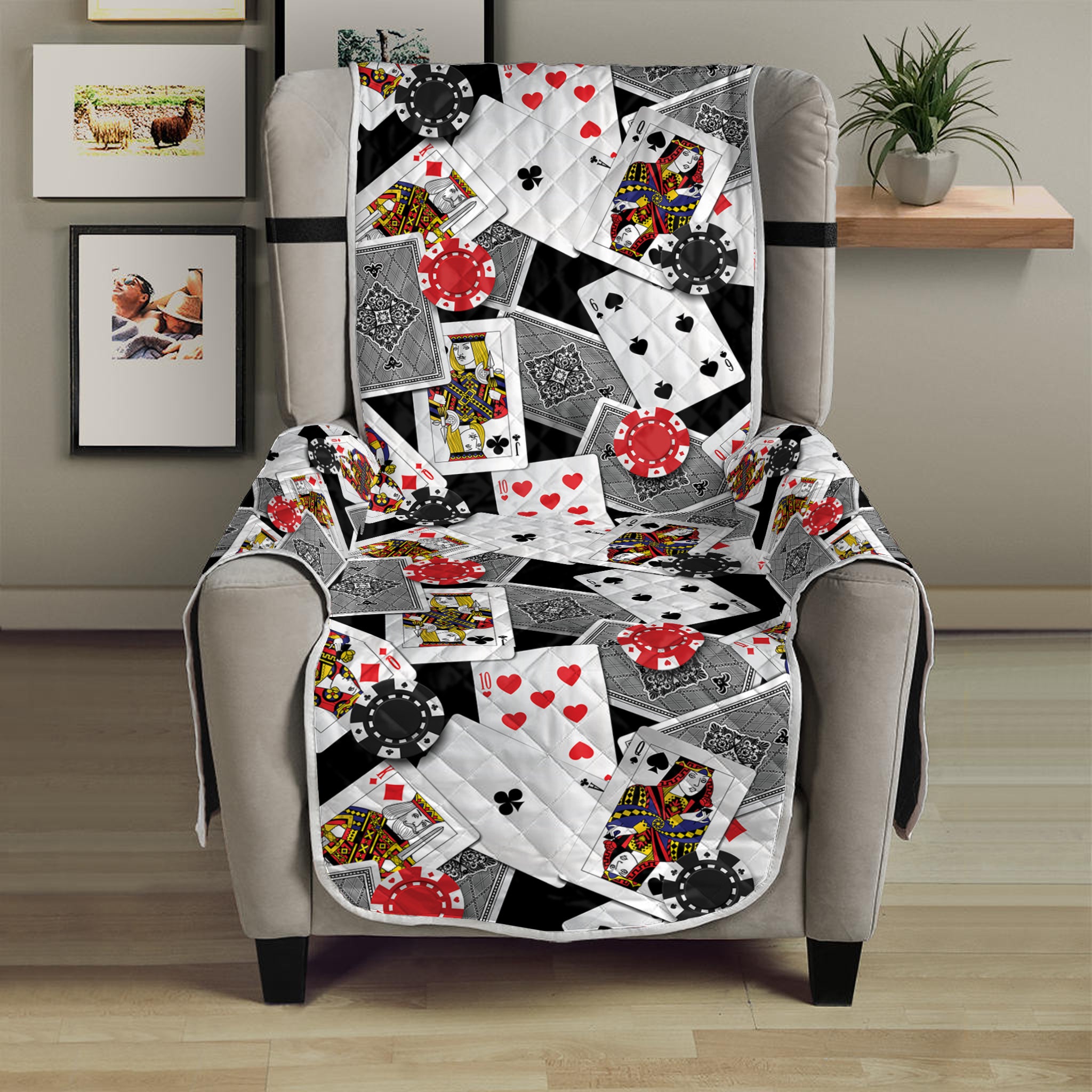 Casino Card And Chip Pattern Print Armchair Protector