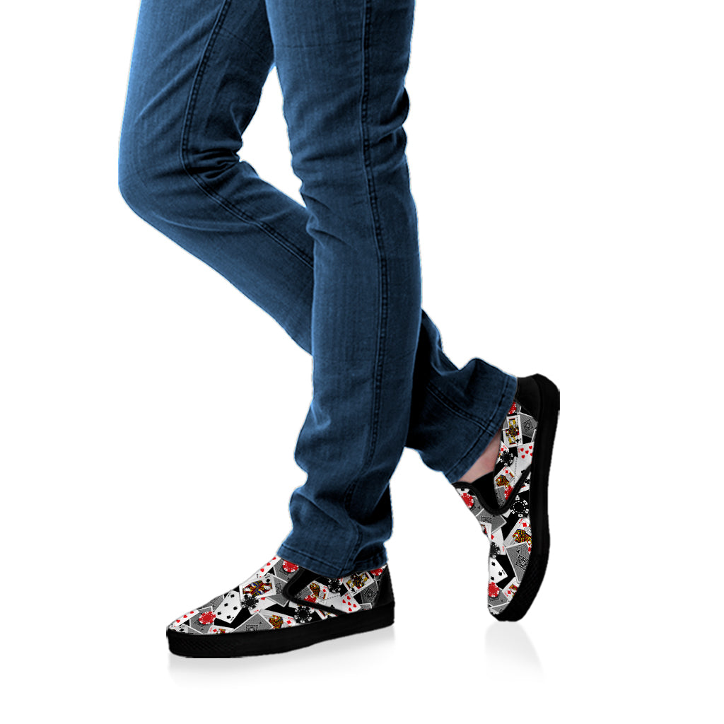 Casino Card And Chip Pattern Print Black Slip On Shoes
