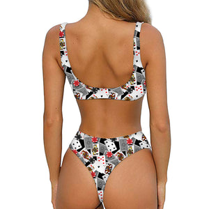 Casino Card And Chip Pattern Print Front Bow Tie Bikini