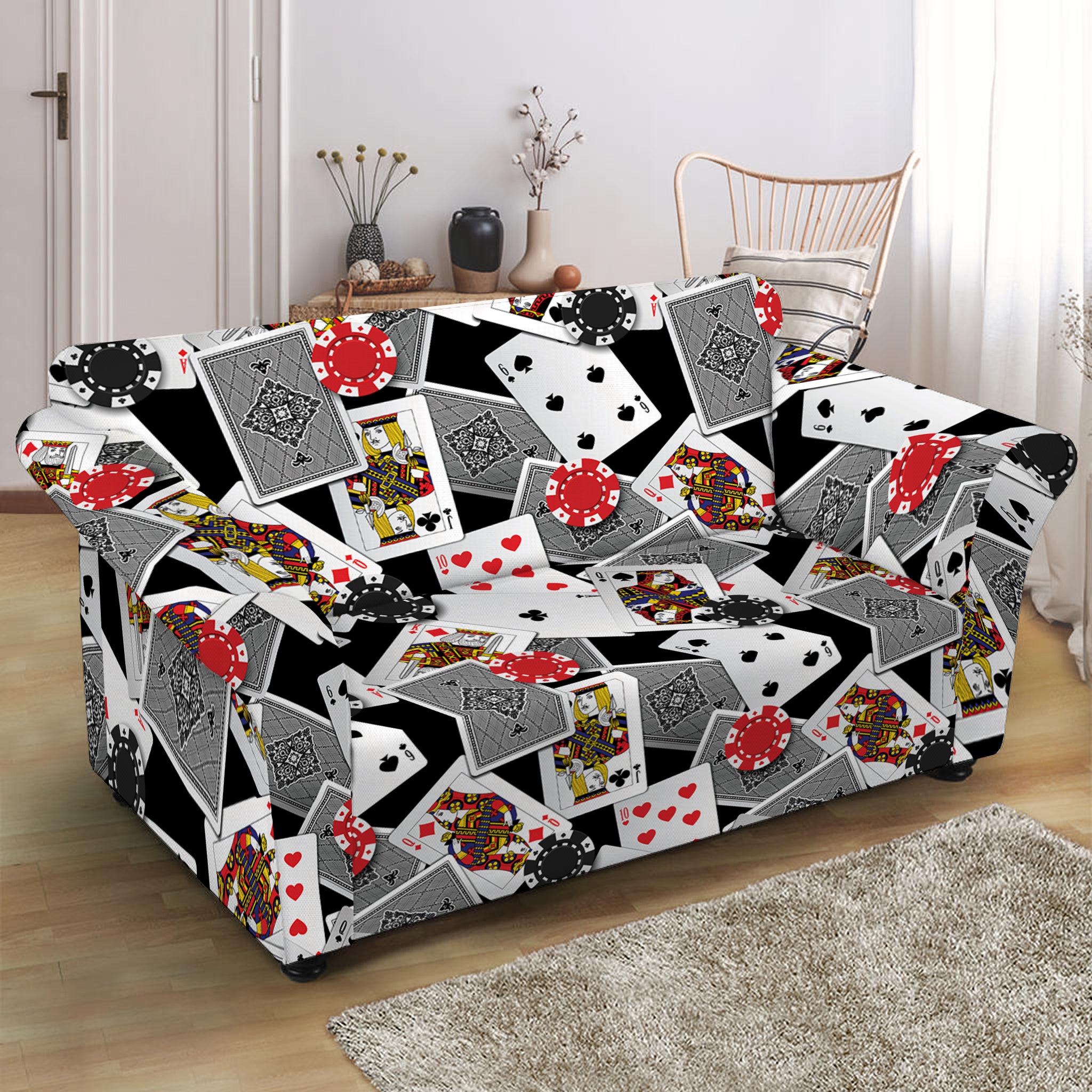 Casino Card And Chip Pattern Print Loveseat Slipcover