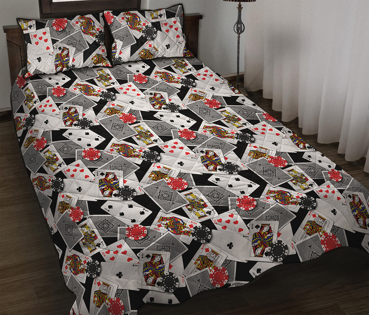 Casino Card And Chip Pattern Print Quilt Bed Set