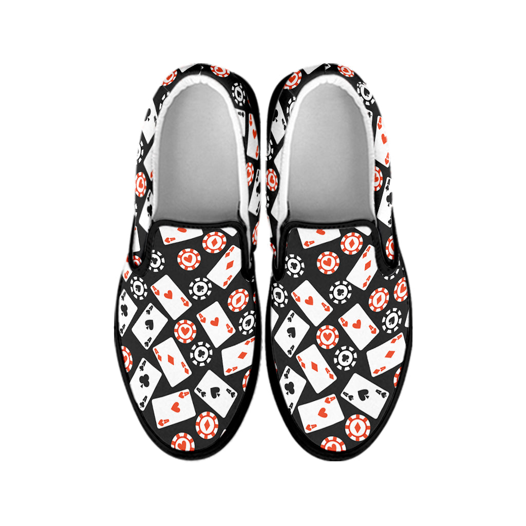 Casino Chip And Card Pattern Print Black Slip On Shoes