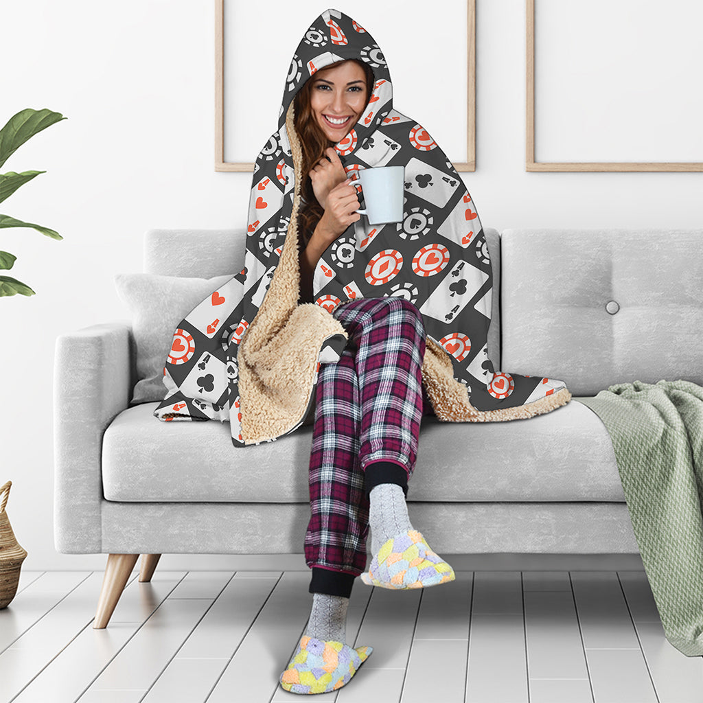 Casino Chip And Card Pattern Print Hooded Blanket