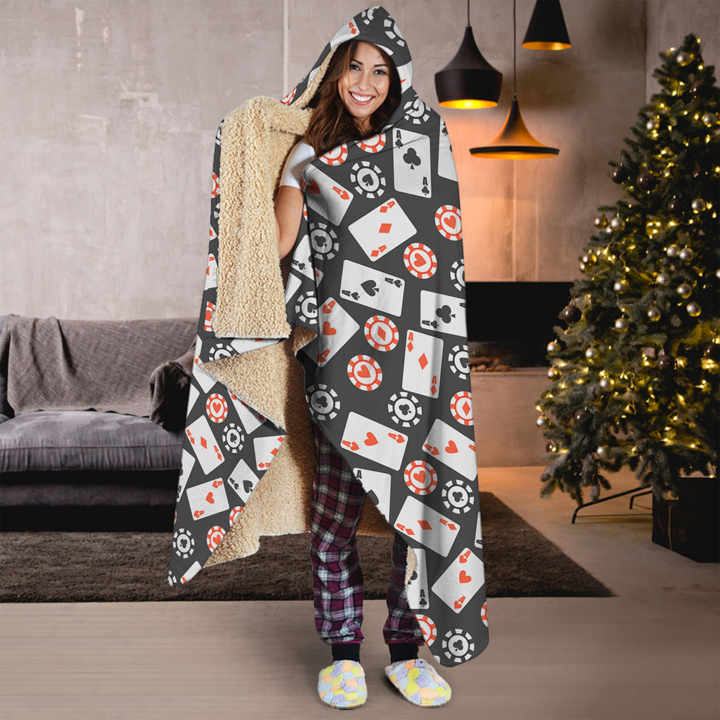Casino Chip And Card Pattern Print Hooded Blanket
