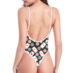 Casino Chip And Card Pattern Print One Piece High Cut Swimsuit