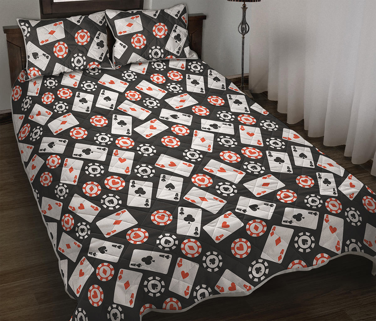 Casino Chip And Card Pattern Print Quilt Bed Set