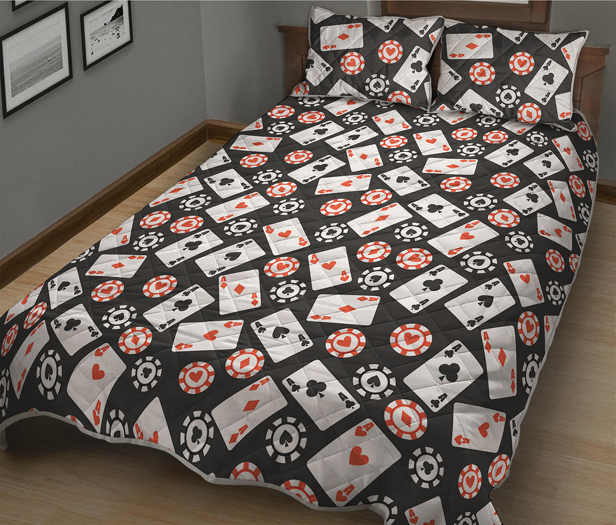 Casino Chip And Card Pattern Print Quilt Bed Set