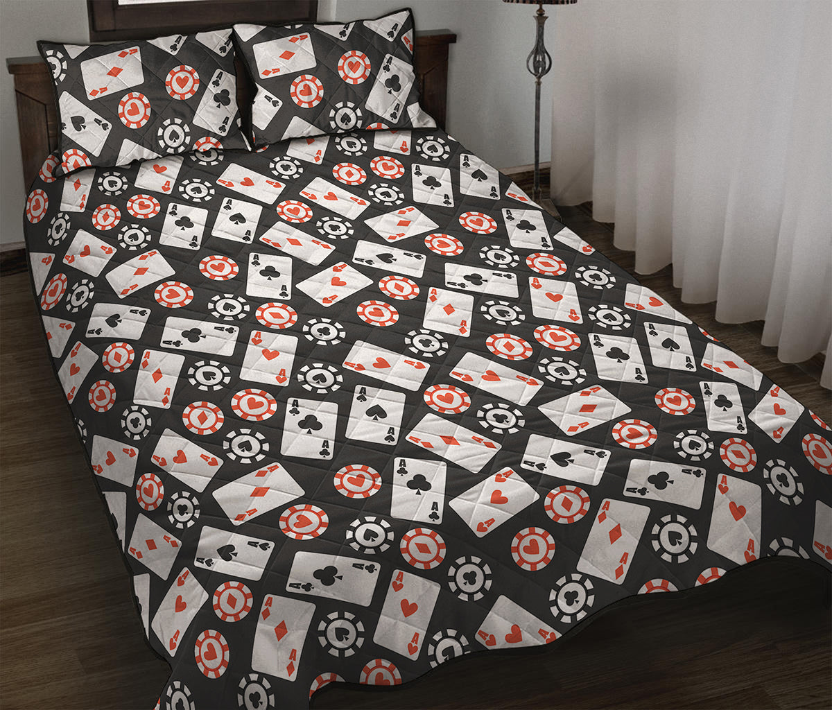 Casino Chip And Card Pattern Print Quilt Bed Set