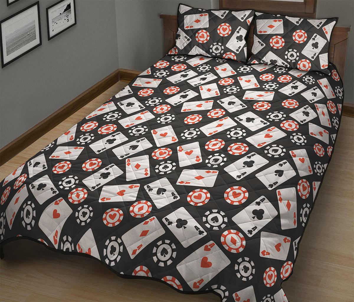 Casino Chip And Card Pattern Print Quilt Bed Set