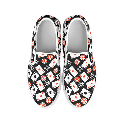 Casino Chip And Card Pattern Print White Slip On Shoes