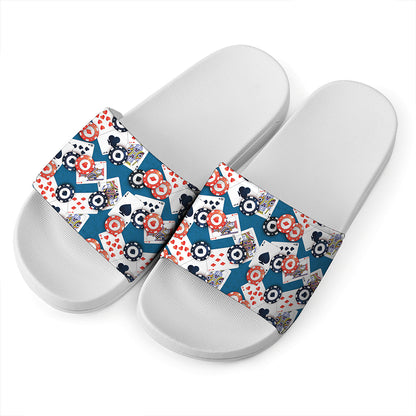 Casino Poker Pattern Print White Slide Sandals