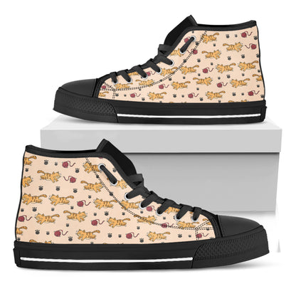 Cat And Yarn Ball Pattern Print Black High Top Shoes