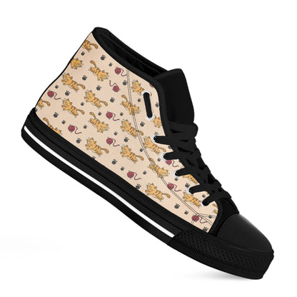 Cat And Yarn Ball Pattern Print Black High Top Shoes