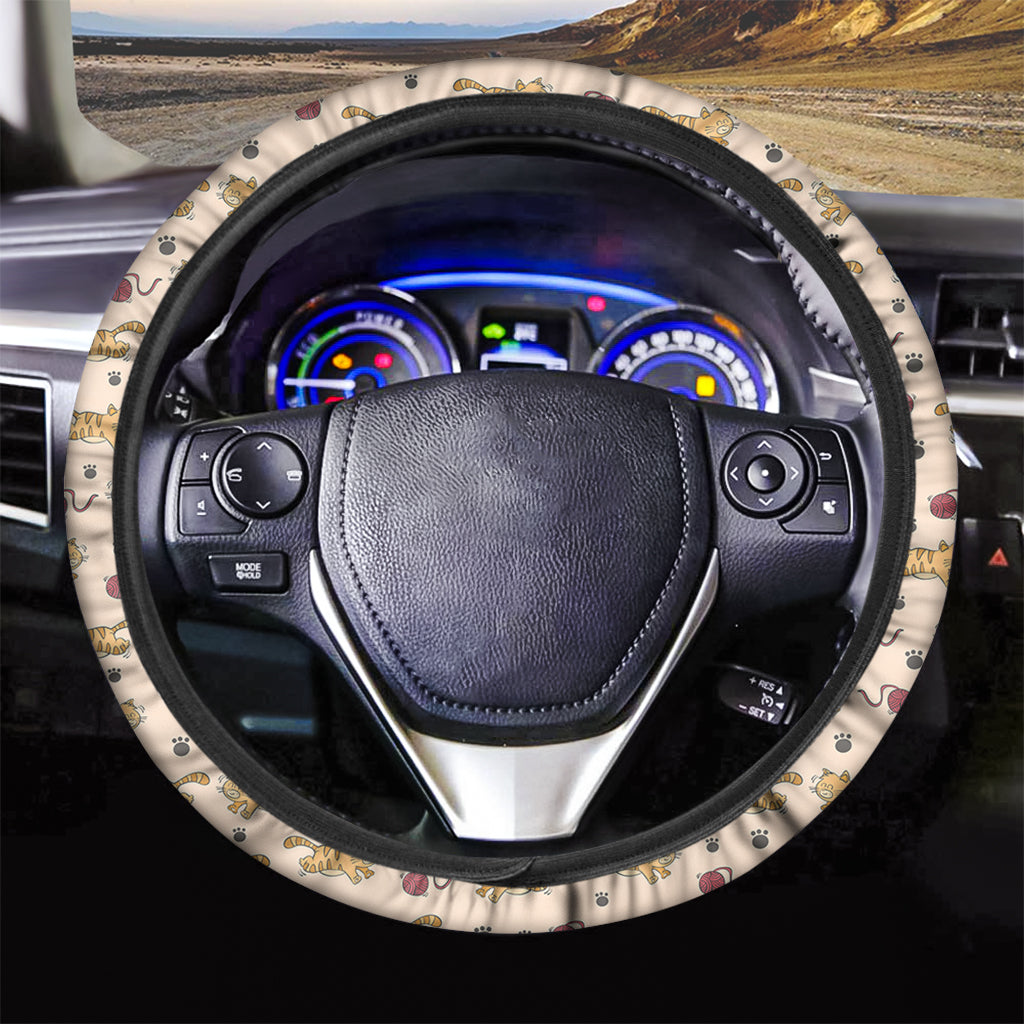 Cat And Yarn Ball Pattern Print Car Steering Wheel Cover